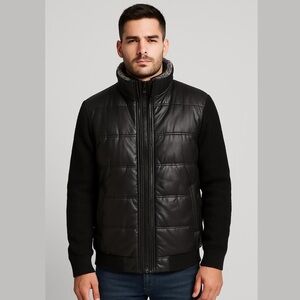 BUFFALO men’s David Bitton Puffy Winter jacket Knit wool sleeves fur collar Sz L